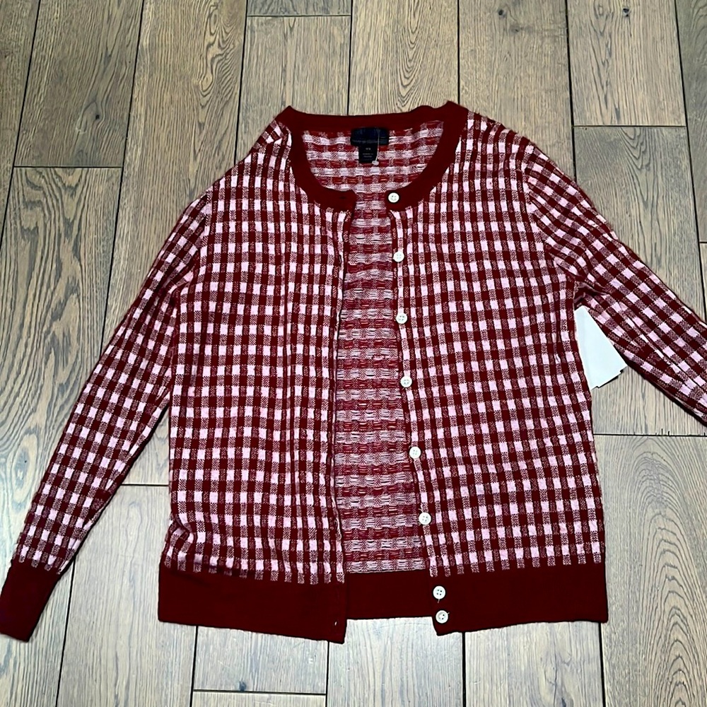 NWT 100% Cashmere J. Crew Checkered Plaid Cardigan Size XS Pink & Burgundy